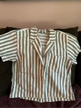 Madewell Green & White Linen-Cotton Striped Short-Sleeve Camp Shirt